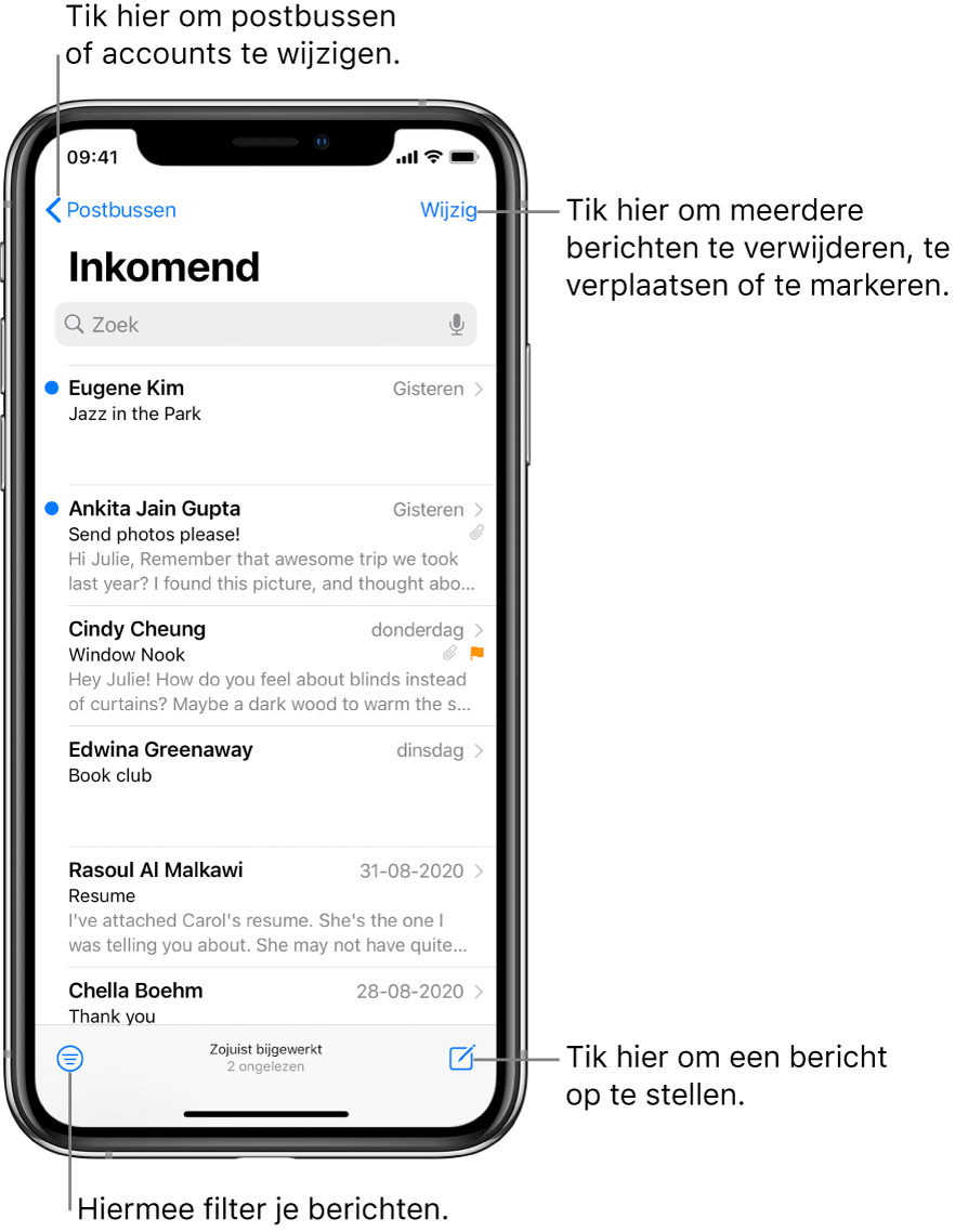 De postbus 'Inkomend' met een lijst met e-mails. Linksbovenin zie je de postbusknop waarmee je naar een andere postbus kunt gaan. Rechtsbovenin bevindt zich de wijzigknop voor het verwijderen, verplaatsen of markeren van e-mail. Linksonderin zie je de filterknop, waarmee je kunt instellen dat alleen bepaalde e-mails worden weergegeven. Rechtsonderin staat de knop voor het opstellen van een nieuwe e-mail.