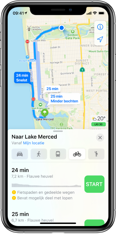 Een kaart met meerdere fietsroutes. In de route-informatie onderin staan details voor de routes, waaronder geschatte tijden, hoogteveranderingen en het soort wegen. Naast elke optie op de route-informatie staat de knop 'Ga'.