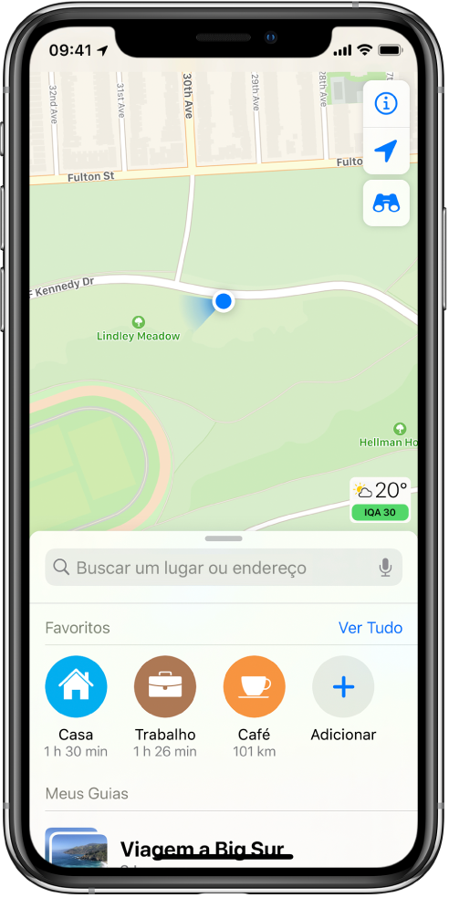 Mapa mostrando a localização atual em um parque da cidade.