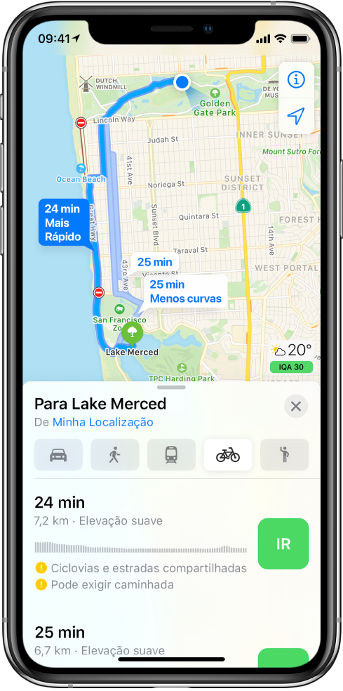 Mapa mostrando várias rotas de bicicleta. As informações da rota na parte inferior fornecem detalhes para as rotas, incluindo os tempos estimados, alterações de elevação e os tipos de vias. O botão Ir aparece ao lado de cada opção nas informações da rota.