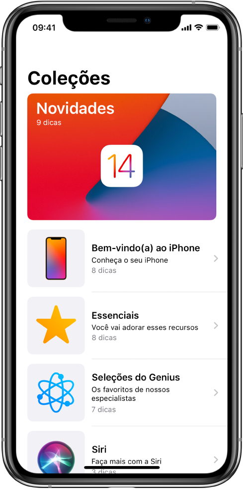 Uma tela mostrando coleções de Dicas, com setas voltadas para a direita indicando que você pode tocar em uma coleção para visualizar as dicas nela.