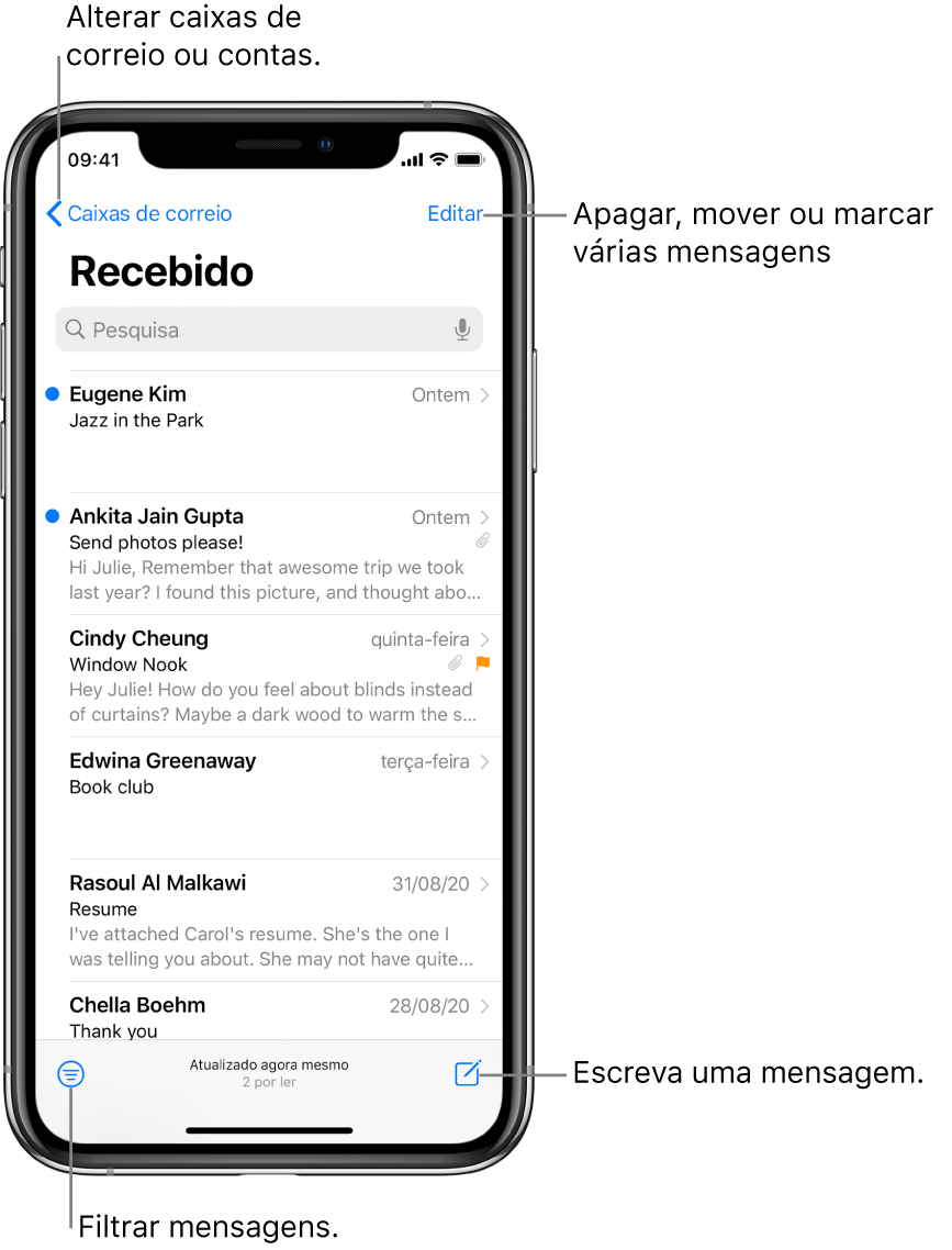 A caixa de correio Recebido com uma lista de e‑mails. No canto superior esquerdo está o botão “Caixas de correio” para mudar para outra caixa de correio. No canto superior direito está o botão Editar para apagar, mover ou marcar e‑mails. No canto inferior esquerdo está o botão para filtrar e‑mails, de modo a que apenas sejam apresentados determinados tipos de e‑mails. No canto inferior direito está o botão para criar um novo e‑mail.