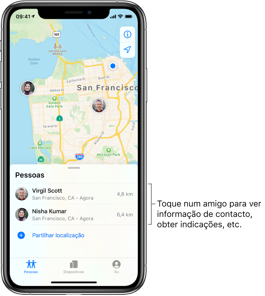 O ecrã de Encontrar aberto no separador Pessoas. Há dois amigos na lista Pessoas: André Silva e Marta Ferreira. As localizações são mostradas no mapa de São Francisco.