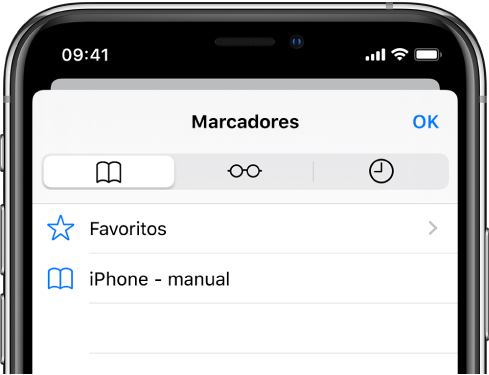O ecrã Marcadores, com opções para ver favoritos e o histórico de navegação, juntamente com os marcadores.