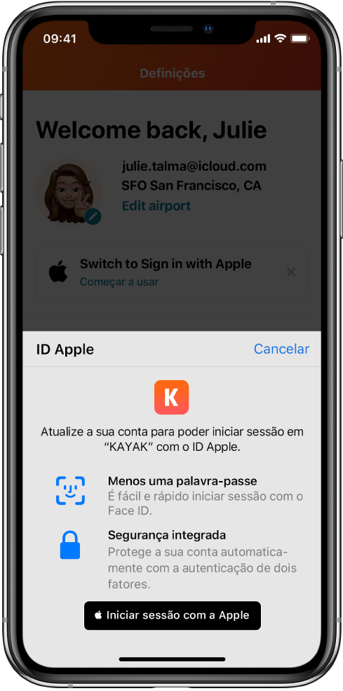 Uma aplicação que mostra o botão “Iniciar sessão com a Apple”.
