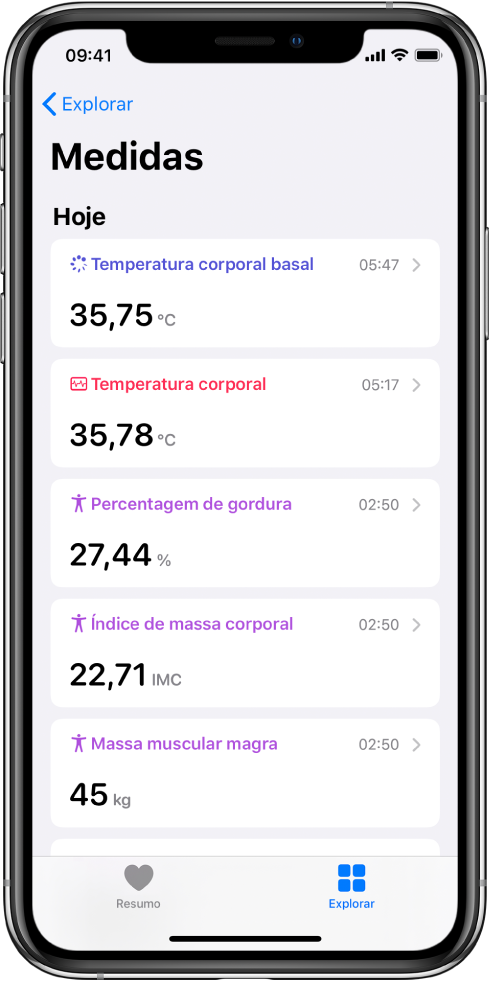Um ecrã de detalhes da categoria Medidas.