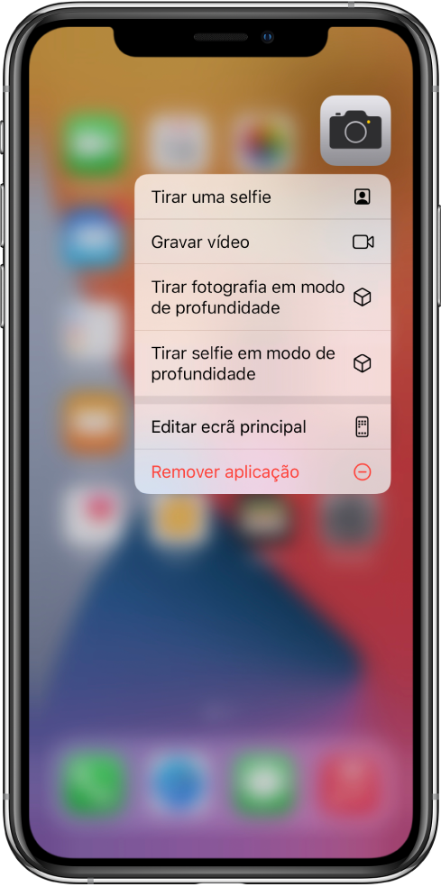 Ecrã principal desfocado com o menu de ações rápidas da Câmara em primeiro plano, por baixo da aplicação.