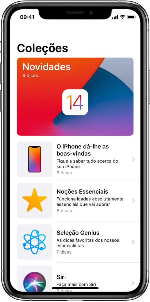 Um ecrã mostra coleções de Dicas com setas para a direita a indicar que pode tocar numa coleção para ver as dicas que contém.