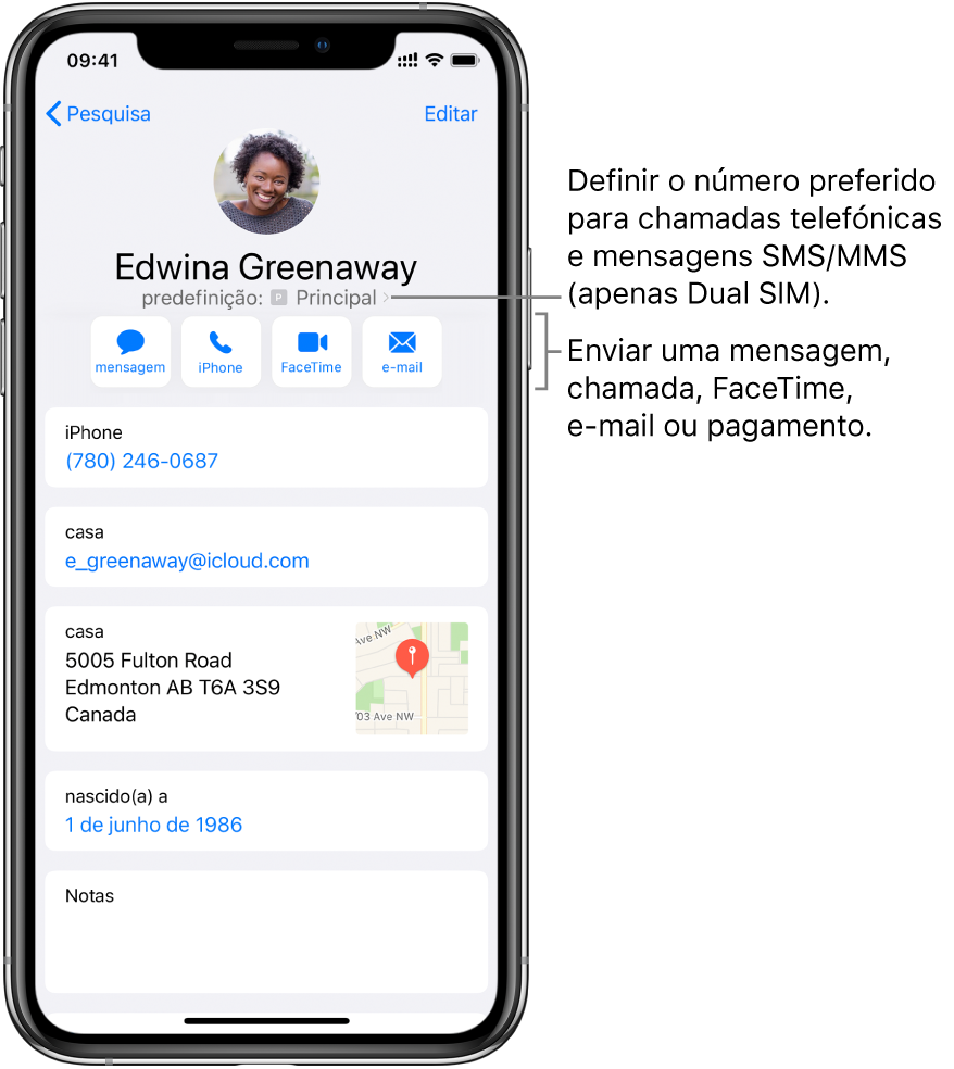 Ecrã de informação relativo a um contacto. Nome e fotografia do contacto no topo. Em baixo, botões para enviar uma mensagem, efetuar uma chamada telefónica, efetuar uma chamada FaceTime, enviar uma mensagem de e‑mail e enviar dinheiro com Apple Pay. Por baixo dos botões encontra‑se a informação do contacto.