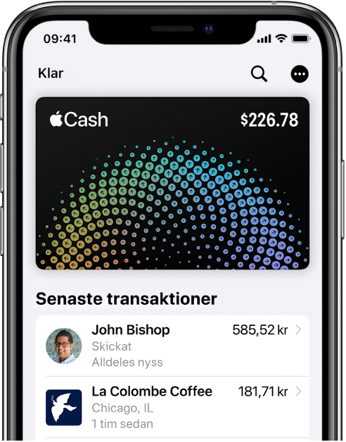 Apple Cash-kortet i Wallet med merknappen högst upp till höger och de senaste transaktionerna nedanför kortet.