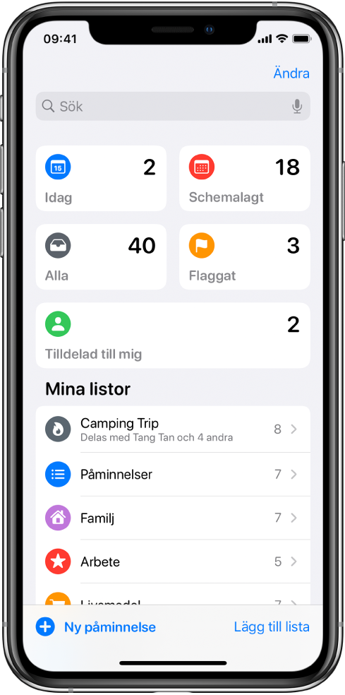 En skärm visar flera listor i Påminnelser. Smarta listor visas överst för påminnelser som ska vara klara idag, schemalagda påminnelser och flaggade påminnelser. Längst ned till höger finns knappen Lägg till lista.