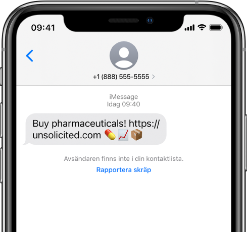 En iMessage-konversation med ett skräpmeddelande och länken Rapportera skräp nedanför.