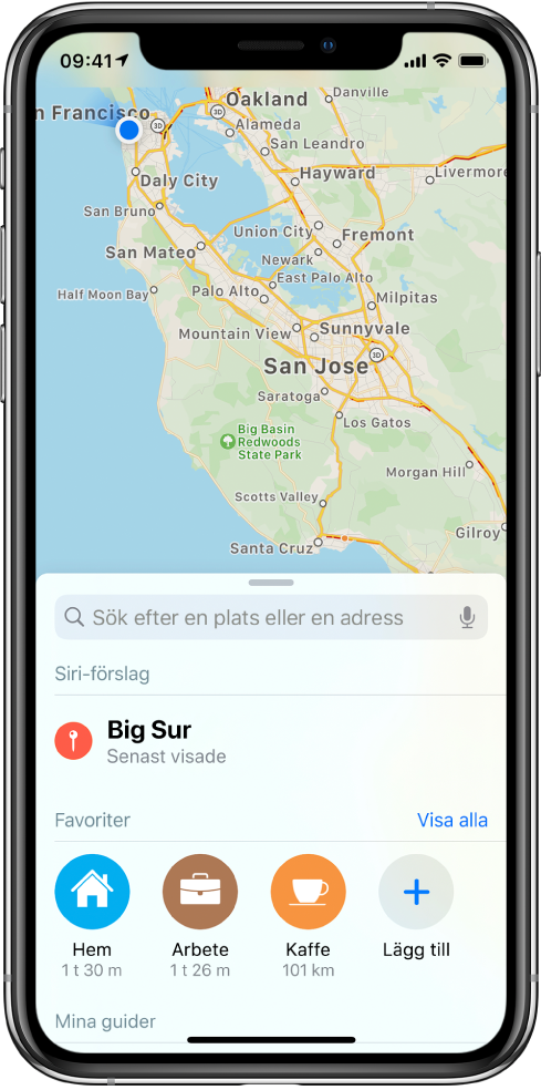 En karta över San Francisco Bay Area med tre favoriter som visas längst ned på skärmen. Favoriterna är Hem, Jobb och Kaffe.