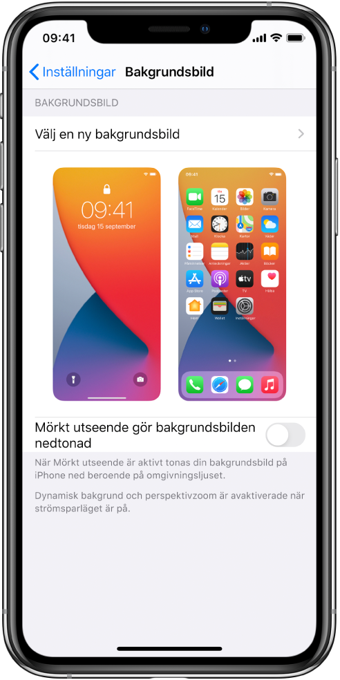 Inställningsskärmen för bakgrundsbilden med knappen för att välja en ny bakgrundsbild högst upp och bilder på låsskärmen och hemskärmen med den nuvarande bakgrundsbilden.