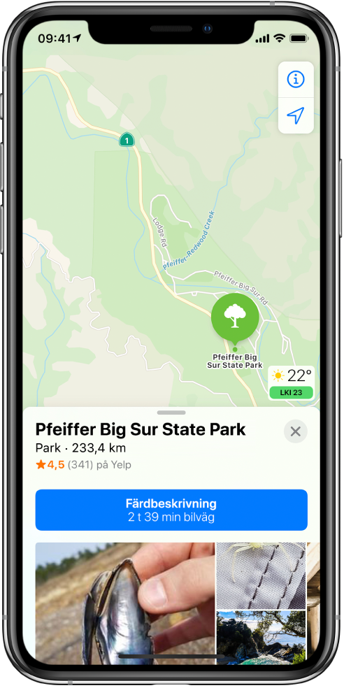 En karta som visar var en park ligger. På informationskortet längst ned på skärmen finns en knapp för att få en färdbeskrivning.
