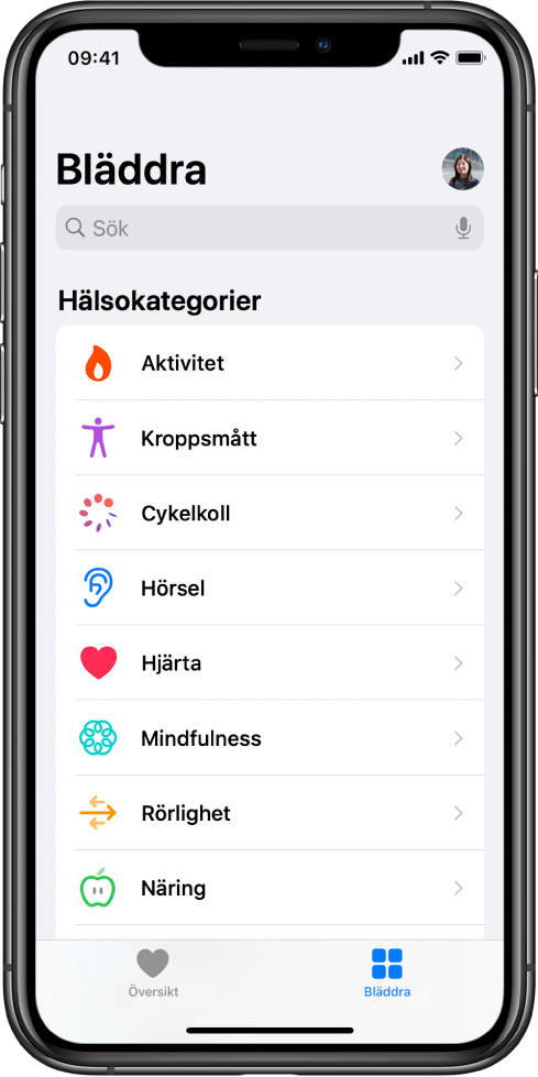 Skärmen Hälsokategorier i appen Hälsa.