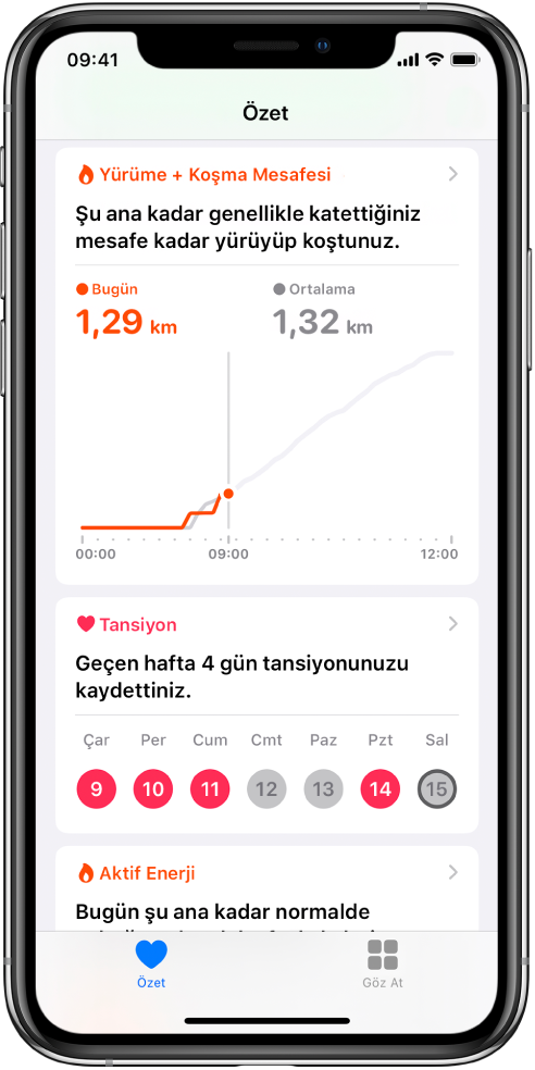 O güne ait yürüme ve koşma mesafesi ile geçen hafta tansiyon kaydının alındığı gün sayısını da içeren öne çıkanların gösterildiği bir Özet ekranı.