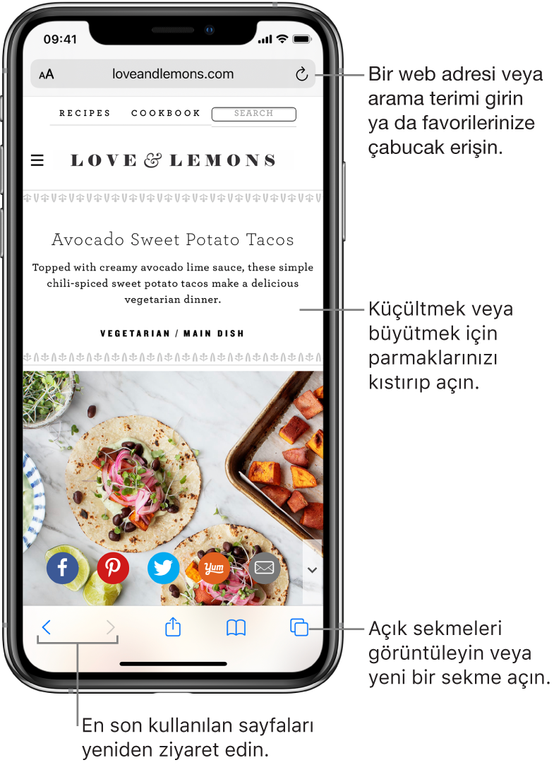 Üst kısımda adres alanı ile birlikte Safari’de açık bir web sitesi. Alt tarafta soldan sağa doğru Geri, İleri, Paylaş, Yer imleri ve Sekme düğmeleri bulunuyor.