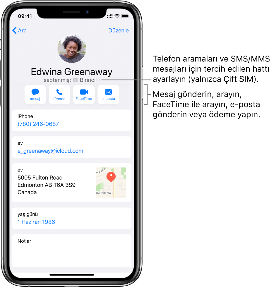 Kişi için bilgi ekranı. Kişinin fotoğrafı ve adı en üsttedir. Altında mesaj gönderme, telefon araması yapma, FaceTime araması yapma, bir e-posta gönderme ve Apple Pay ile para gönderme düğmeleri var. Düğmelerin altında iletişim bilgileri yer alır.