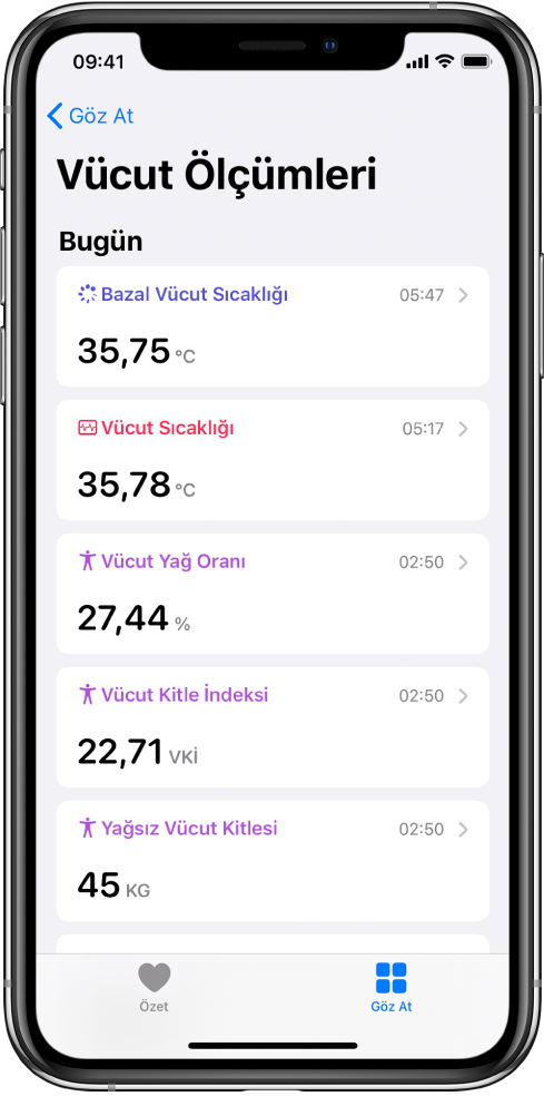Vücut Ölçümleri kategorisi için ayrıntılar ekranı.