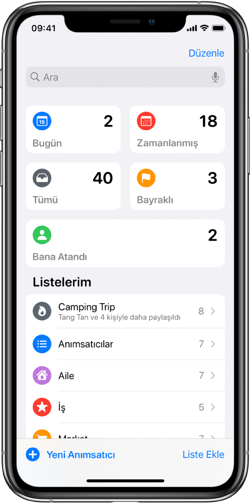 Anımsatıcılar’da birçok listenin gösterildiği bir ekran. Akıllı listeler, bugün tarihli anımsatıcıların, planlanmış anımsatıcıların, tüm anımsatıcıların ve bayraklı anımsatıcıların üst kısmında görünür. Liste ekle düğmesi sağ alttadır.
