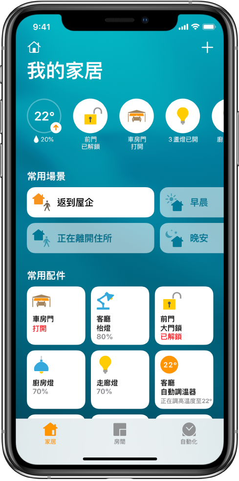 家居分頁,顯示已標記為常用項目的場景及配件。亦顯示配件狀態按鈕。底部其他分頁為「房間」及「自動化」。