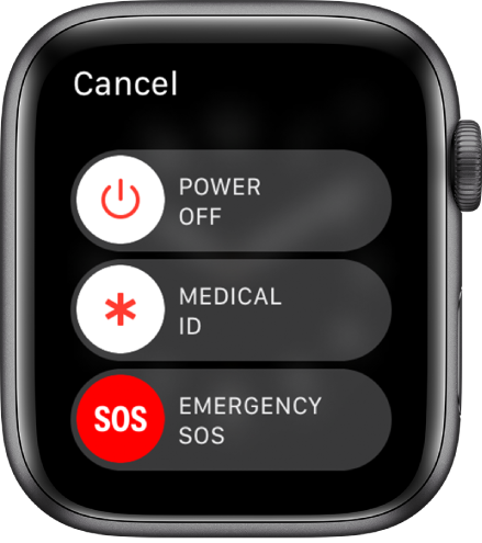 Екранът на Apple Watch показва три плъзгача: Power Off (Изключване), Medical ID (Медицински идентификатор) и Emergency SOS (Спешно повикване). Изтеглете плъзгача Power Off (Изключване), за да изключите Apple Watch.