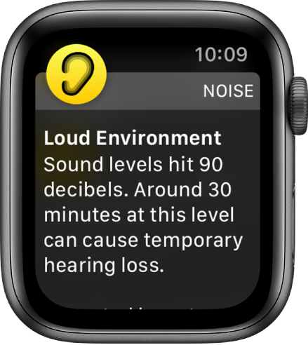 Екранът Noise (Шум), показващ сила на шума 100 dB. Отдолу се появява съобщение, предупреждаващо за продължително излагане на шум с тази сила.