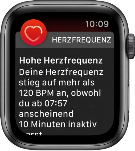 Die Anzeige „Hohe Herzfrequenz“ mit einem Hinweis, dass die Herzfrequenz während einer 10-minütigen Inaktivität über 120 Schläge pro Minute gestiegen ist.