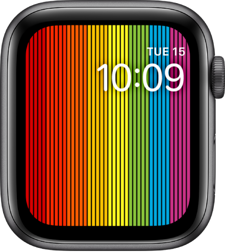 The Pride Digital watch face showing vertical rainbow stripes with the time at the top right.