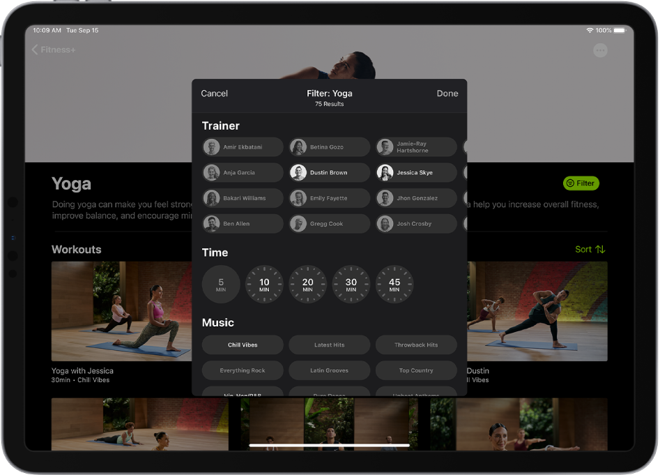 An iPad showing filtering options for yoga workouts in Fitness+.