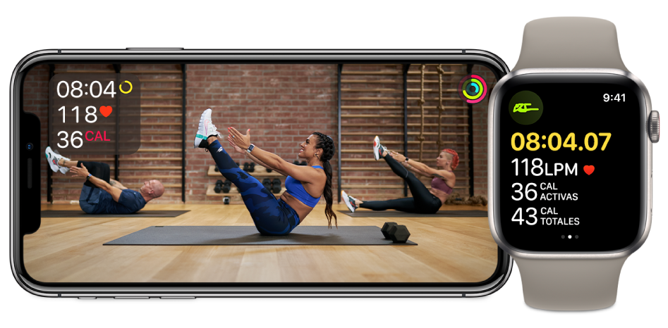 Entrenamiento de torso de Fitness+ en un iPhone y Apple Watch, mostrando el tiempo restante, frecuencia cardiaca y calorías quemadas.