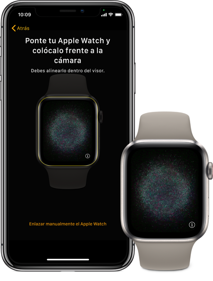 Un iPhone y Apple Watch mostrando sus pantallas de enlace.