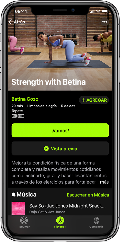 La pantalla de un entrenamiento de fuerza mostrando el botón ¡Vamos!, el botón Previsualizar, una descripción y la playlists del entrenamiento.