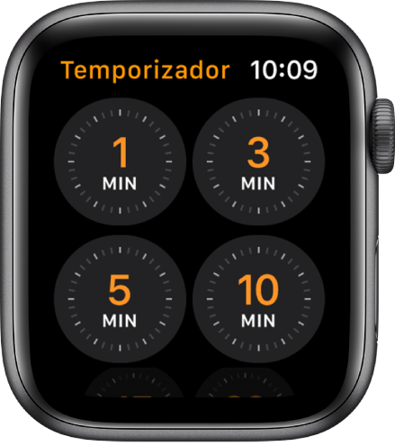 Pantalla de la app Temporizador mostrando temporizadores de 1, 3, 5 o 10 minutos.