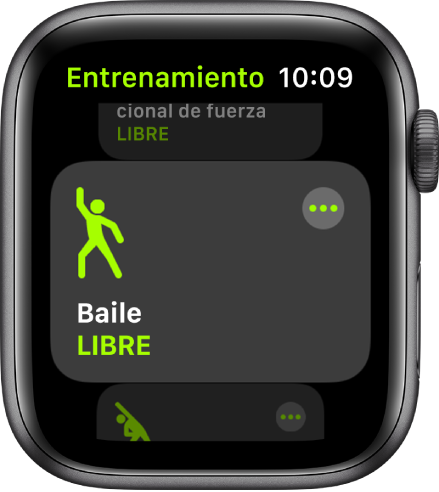 La pantalla Entrenamiento con la opción Baile resaltada.