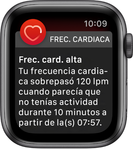 La pantalla “Frecuencia cardiaca alta” mostrando una notificación que indica que tu frecuencia es mayor a 120 LPM cuando llevas 10 minutos inactivo.