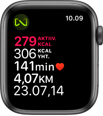 Treeni-näyttö, joka näyttää yksityiskohtia juoksumattotreenistä. Symboli ylävasemmassa kulmassa kertoo, että Apple Watch on langattomassa yhteydessä juoksumattoon.
