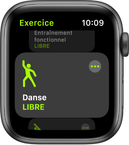 L’écran d’Exercice avec l’entraînement Danse mis en évidence.