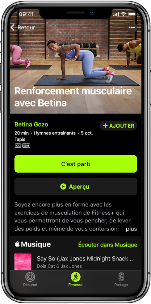 Écran d’un entraînement de musculation qui affiche le bouton C’est parti, le bouton Aperçu, ainsi qu’une description et la liste de lecture de l’entraînement.