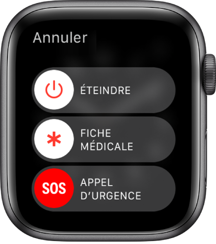 L’écran de l’Apple Watch affiche trois curseurs : Éteindre, Fiche médicale et Appel d’urgence. Faites glisser le curseur Éteindre pour éteindre l’Apple Watch.