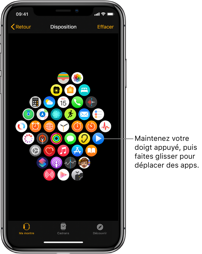 L’écran Disposition de l’app Apple Watch présentant une grille d’icônes.