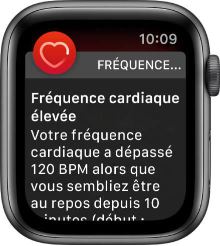 L’écran « Fréquence cardiaque élevée » affichant une notification mentionnant que votre fréquence cardiaque a dépassé 120 bpm pendant une période d’inactivité de 10 minutes.