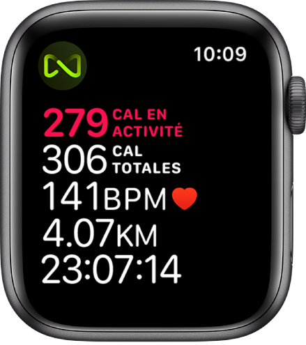 Un écran Exercice qui détaille un exercice sur tapis de course. Un symbole dans le coin supérieur gauche indique que l’Apple Watch est connectée sans fil au tapis de course.