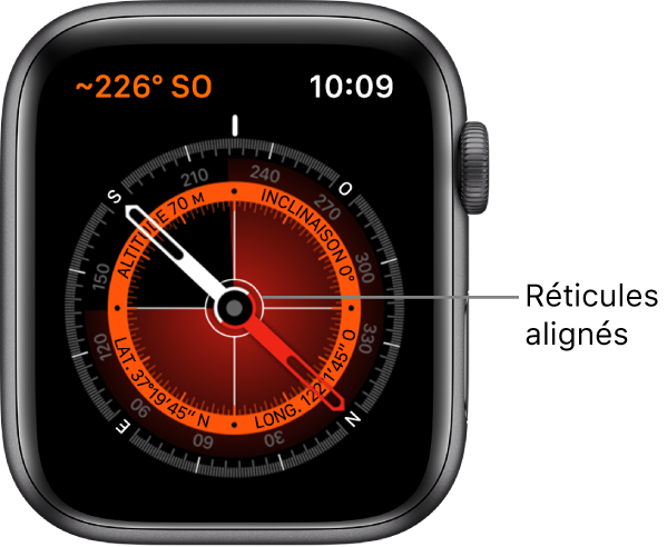 La boussole sur le cadran de l’Apple Watch. Dans le coin supérieur se trouve le relèvement. Le cercle intérieur présente l’altitude, l’inclinaison, la latitude et la longitude. Des réticules blancs indiquent le nord, le sud, l’ouest et l’est.
