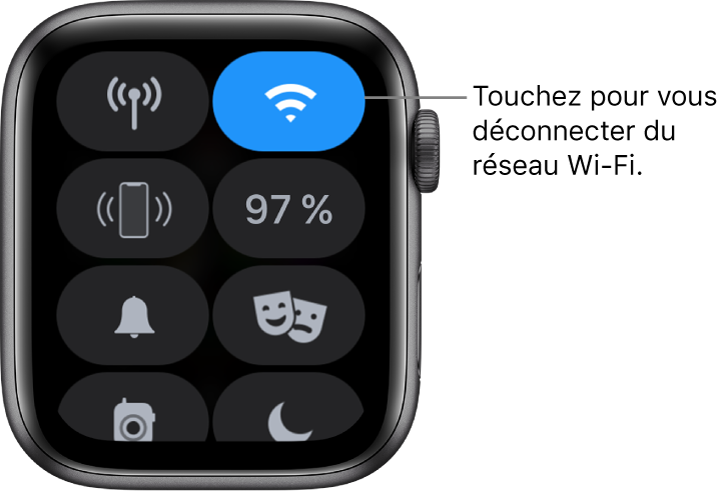 Le Centre de contrôle sur l’Apple Watch (GPS + Cellular), avec le bouton Wi-Fi dans le coin supérieur droit. La légende indique « Touchez pour vous déconnecter du Wi-Fi ».