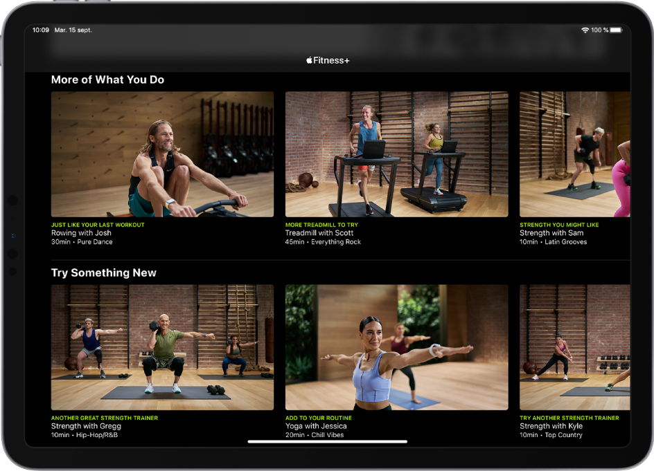 iPad affichant des exercices Fitness+ dans les catégories « Exercices similaires à ceux que vous faites » et « Essayer quelque chose de nouveau ».