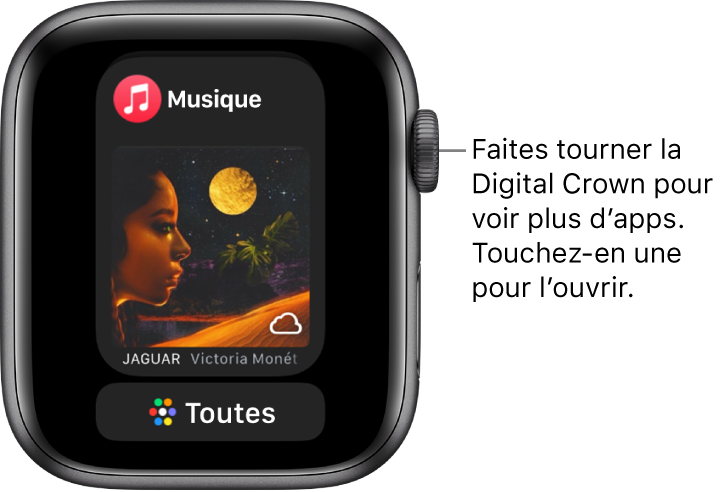 Le Dock affichant l’app Musique avec un bouton « Toutes » en dessous. Faites tourner la Digital Crown pour afficher plus d’apps. Touchez une app pour l’ouvrir.