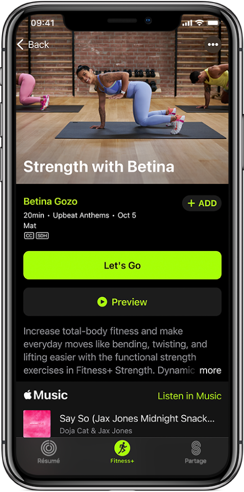 Un écran d’exercice de renforcement montrant le bouton « Let’s Go », le bouton « Preview », une description de l’exercice et la playlist de l’exercice.