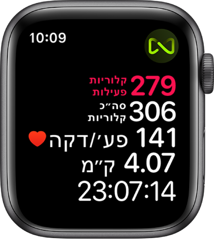 מסך של היישום ״אימון״, עם פירוט המדדים של אימון על הליכון. סמל בפינה הימנית העליונה מציין שה‑Apple Watch מחובר להליכון בחיבור אלחוטי.
